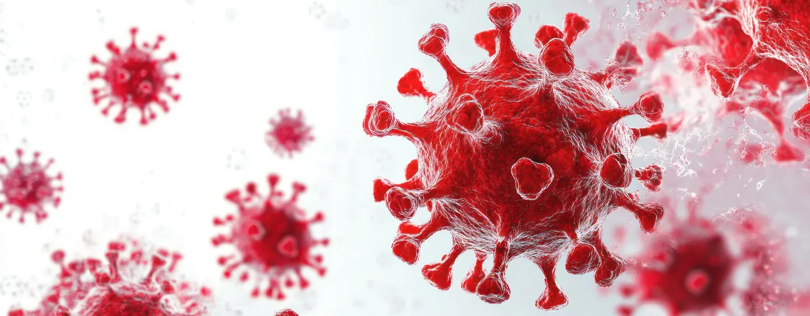 Red coronavirus particle with glossy spike proteins surrounded by smaller virus shapes on a frosty white background.