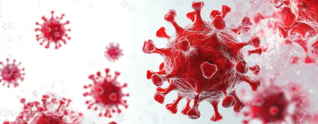 Red glossy coronavirus spike proteins cluster against frosty white background in 3D render