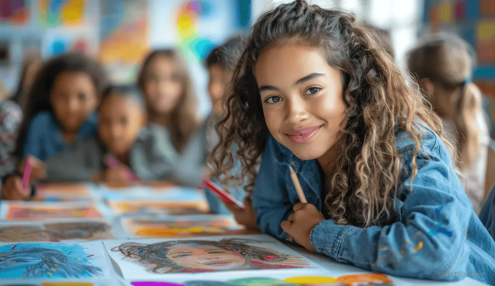 A smiling girl leans on a table while classmates work on colorful drawings in a classroom.