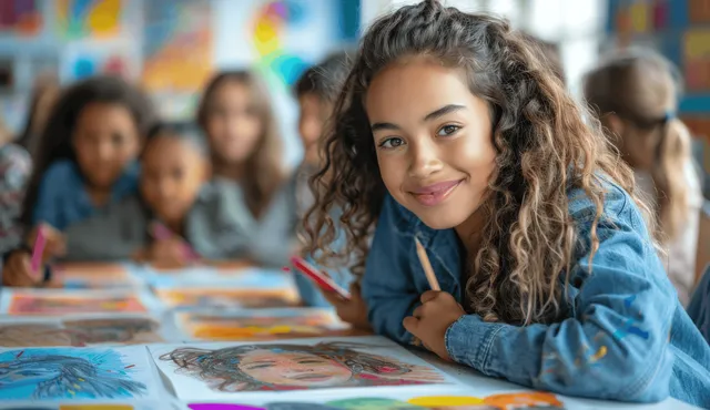 Teacher and diverse students creating artwork together in classroom