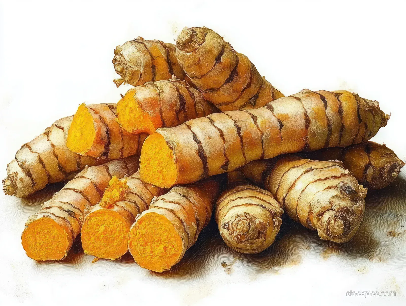 Fresh turmeric roots on a white background with cut pieces exposing their vivid orange interior.