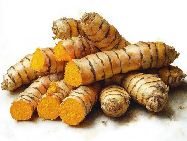 Fresh turmeric roots on a white background with cut pieces exposing their vivid orange interior.