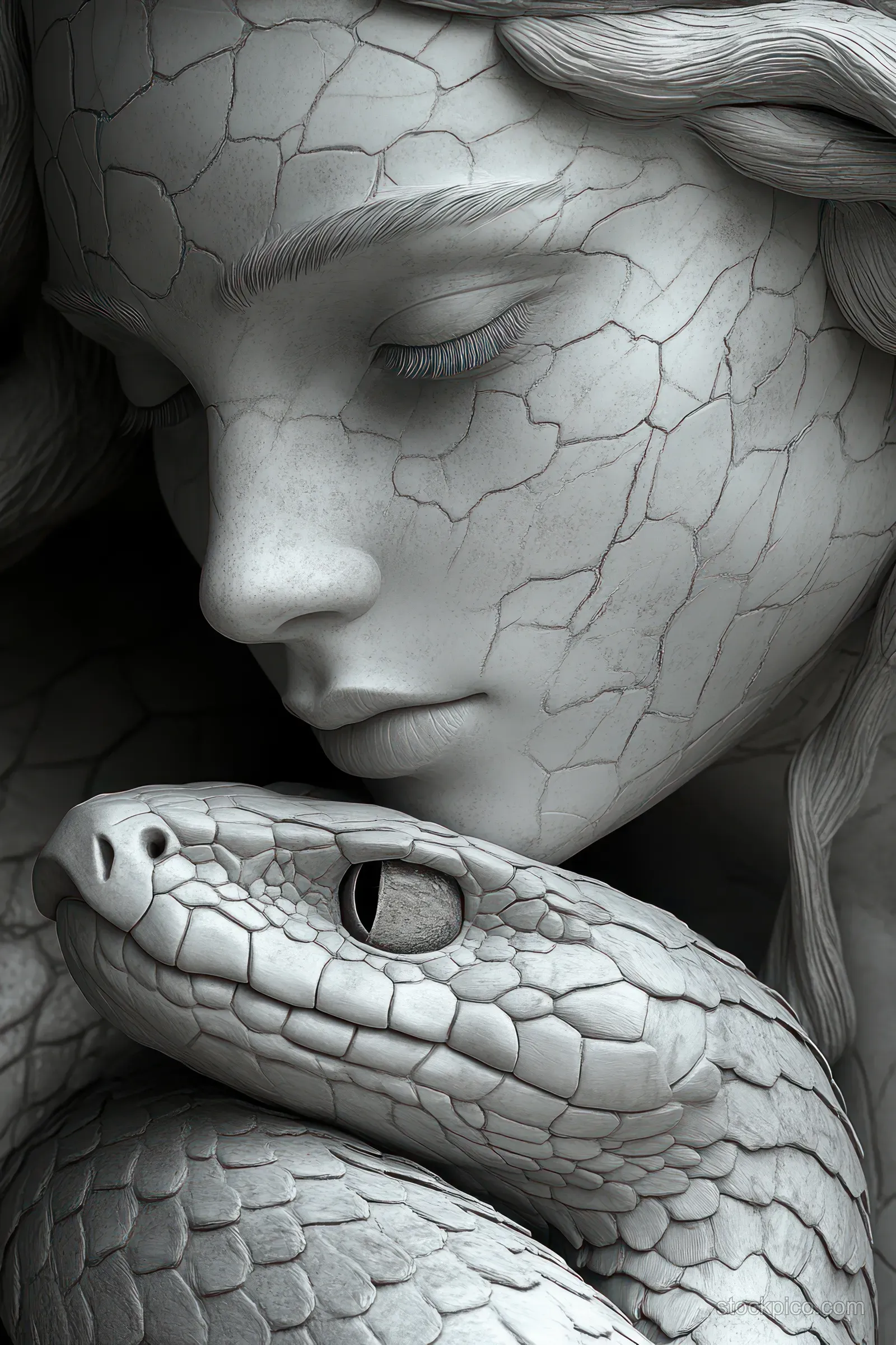Serene woman profile with cracked stone-like skin gently touching a coiled snake’s detailed scales.