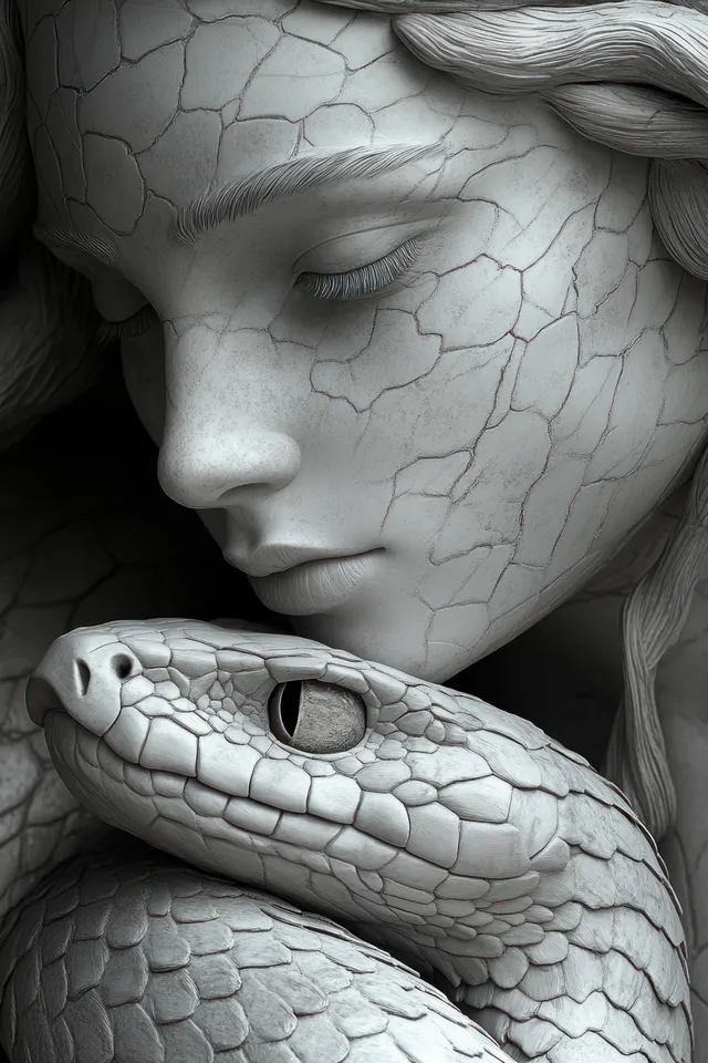 Serene woman profile with cracked stone-like skin gently touching a coiled snake’s detailed scales.