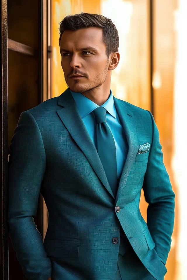 Confident young man in teal suit and tie standing thoughtfully near a golden reflective doorway