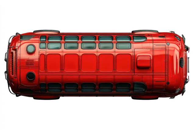 Top view of a shiny red vintage bus on a white background with visible wheels and a row of windows.