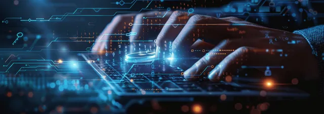 Digital padlock over glowing code on office network screens, cybersecurity data protection concept