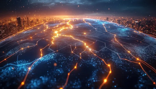 AI logistics network over globe with glowing routes connecting warehouses and ships at sunset