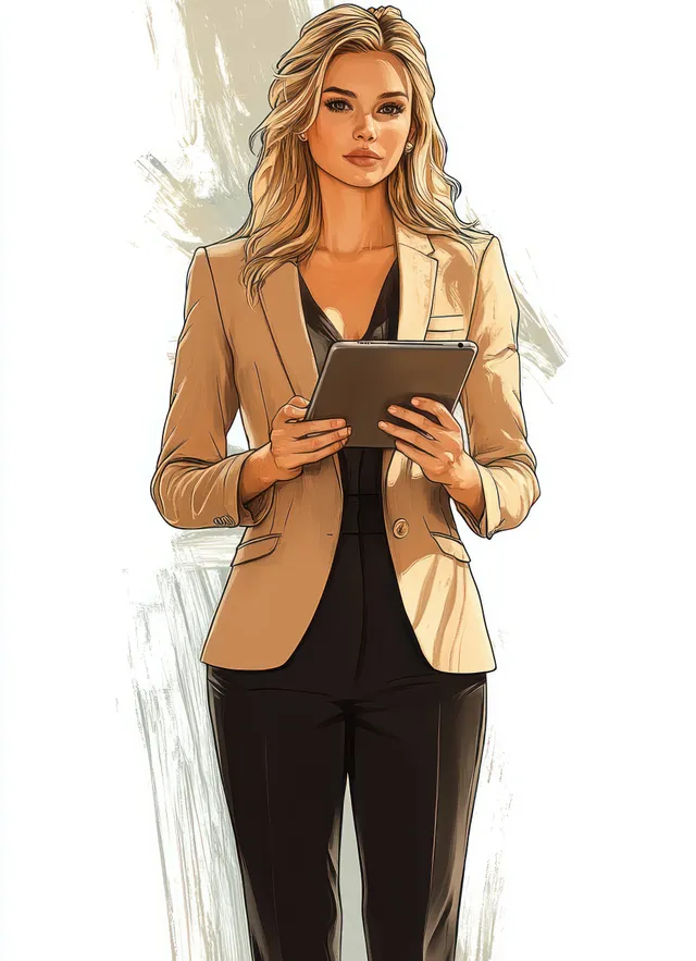 Confident businesswoman holding a tablet in business attire with a focused expression in a bright background.
