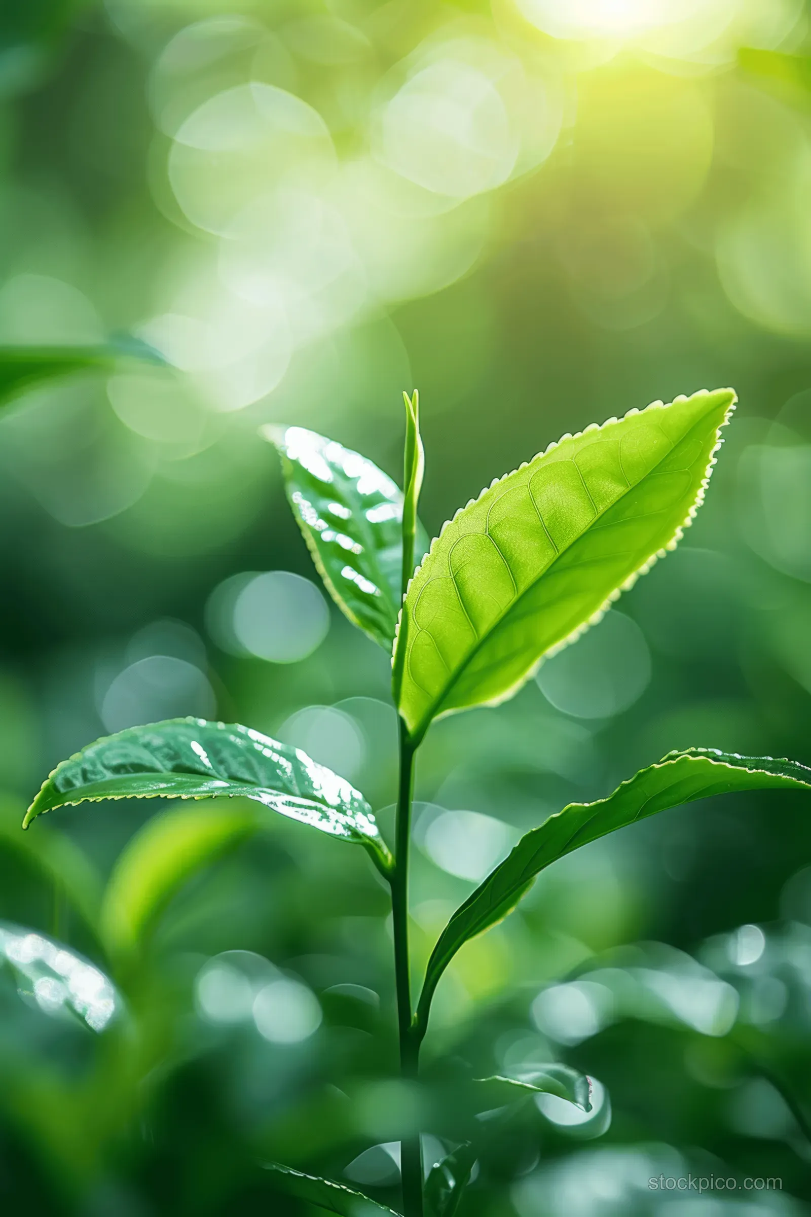 Fresh green tea shoot growing in a sunlit tea plantation with soft blurred green background.