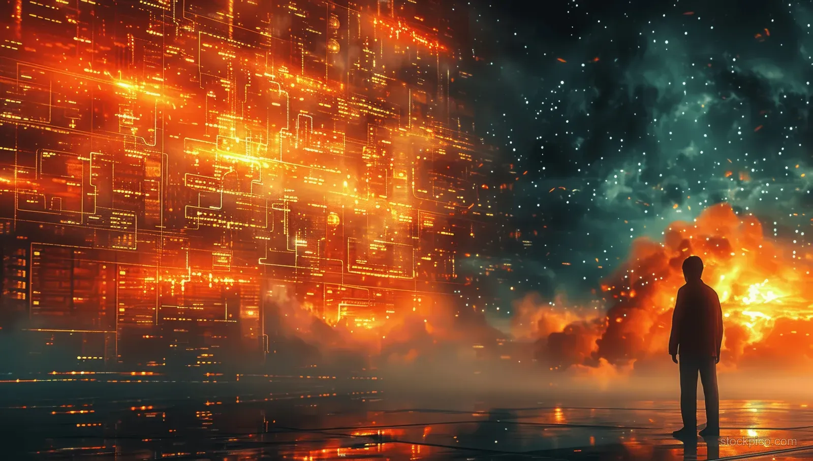 A silhouetted person watches glowing orange and gold data streams across floating digital code panels.
