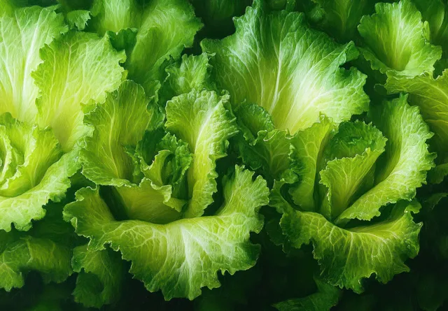Close-up of fresh lettuce leaves showing crisp veins and layered light and dark green textures.
