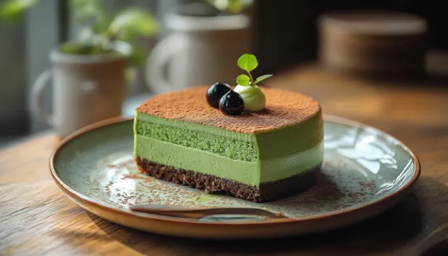 Green layered cake slice with cocoa powder, cream, dark berries, and a green leaf on a ceramic plate.
