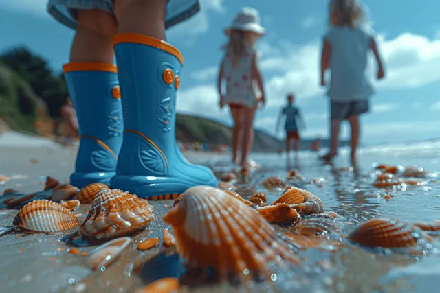 Boy in blue rain boots steps on scattered seashells on a sunny beach with children in shallow water behind.