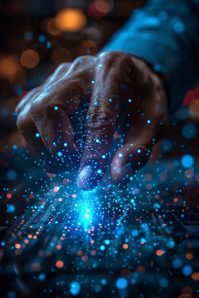 Hands gesture among glowing data points and virtual chart graphics on a dark business background.