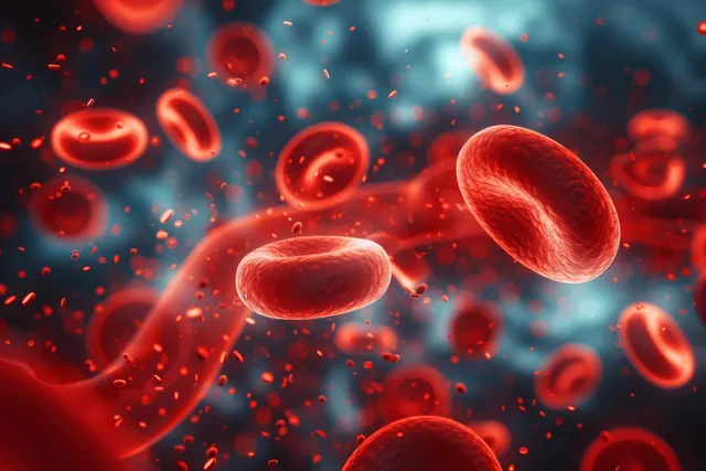 Red blood cells glide through a vein while glowing plasma particles surround them in a microscopic medical scene.