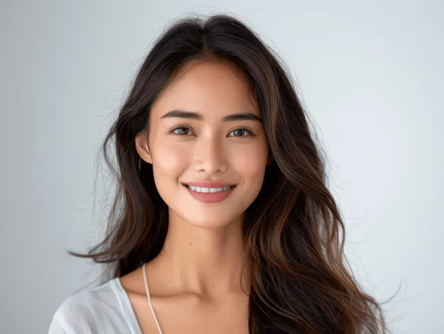 Smiling young Asian Indian woman portrait with visible teeth, isolated against pure white