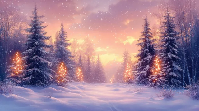 Glowing Christmas trees rise above snowy ground under a pastel twilight sky with falling light sparkles.
