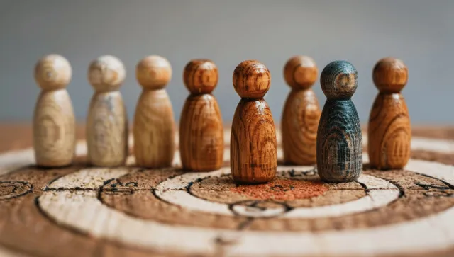 Wooden toy people stand beside a dartboard with a highlighted bullseye target.
