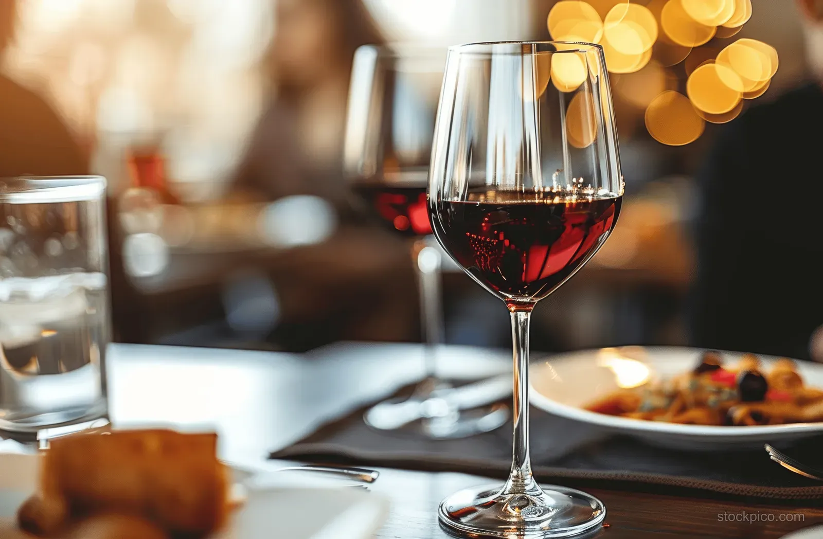 A red wine glass on a restaurant table with food and blurred warm lights behind it.