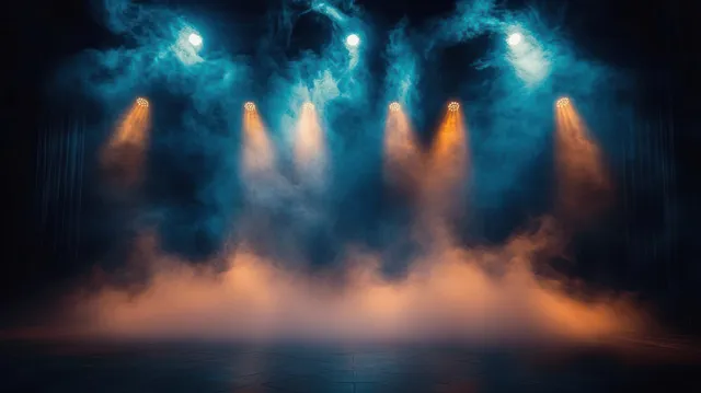 Blue spotlights shine through dense fog on a dark concert stage, forming glowing beams.