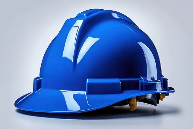 A shiny blue construction safety helmet rests on a smooth surface with bright reflections and visible hardware.