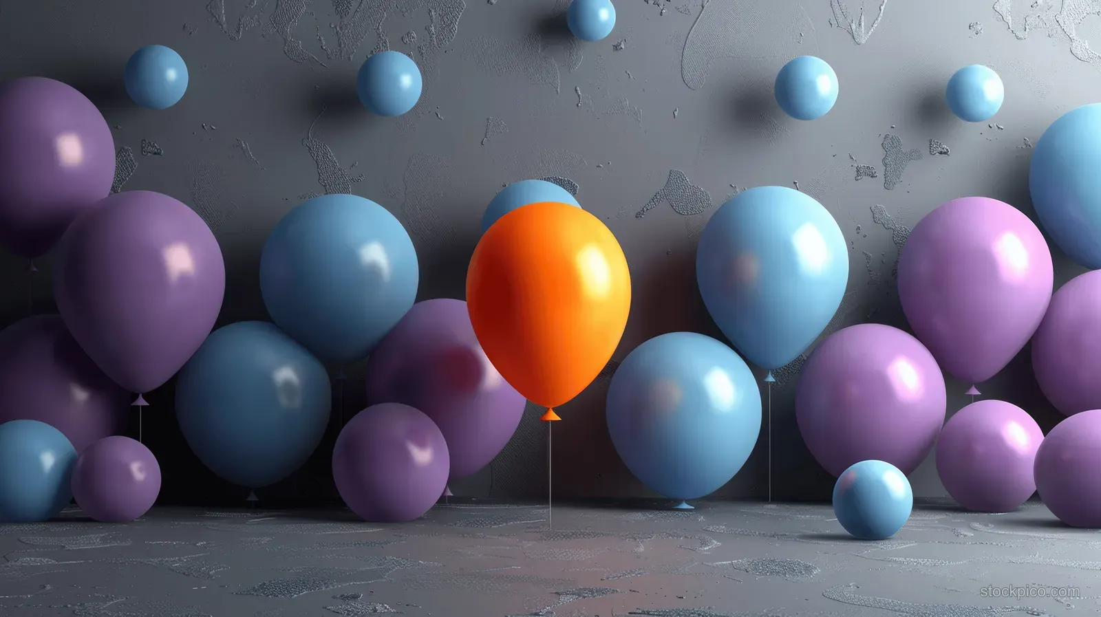 An orange balloon stands out among blue and purple balloons in a dim party scene.