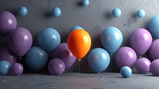 Orange balloon leading a cluster of blue and purple balloons on a celebratory floor