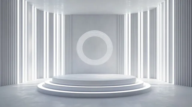 A minimalist circular podium with layered steps is illuminated by vertical light stripes and a geometric ring in a bright interior.