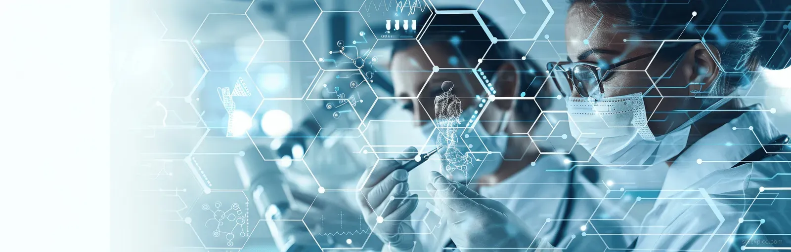 Futuristic digital collage of hospital medical staff collaborating with glowing technology icons and network patterns.