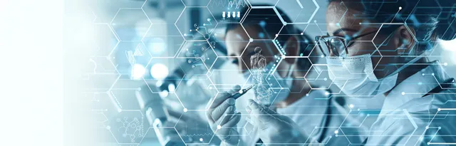Futuristic digital collage of hospital medical staff collaborating with glowing technology icons and network patterns.