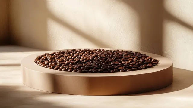 Dark roasted coffee beans piled on a round beige platform with soft sunlight and natural shadows.