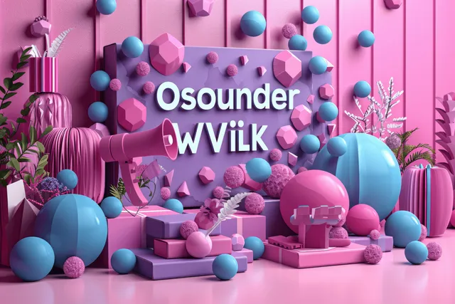 A 3D megaphone and floating discount coupon tags appear over a purple promotional scene with scattered spheres.