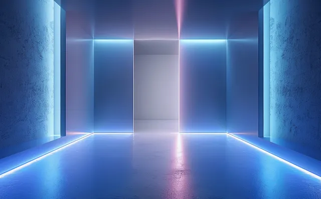 Blue minimal interior corridor with glowing light lines and smooth reflective floor