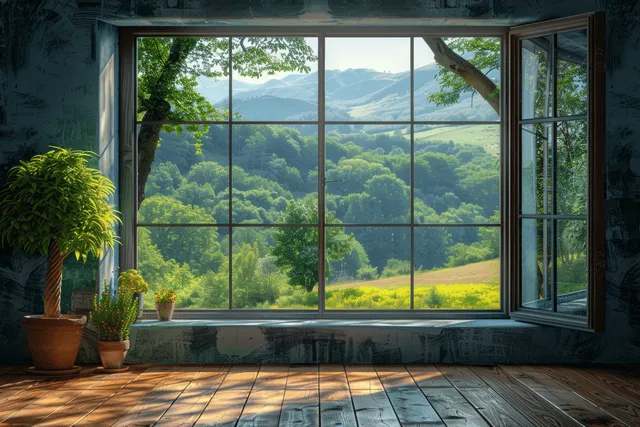 Empty modern loft room with a panoramic window opening to a lush green valley under bright daylight.