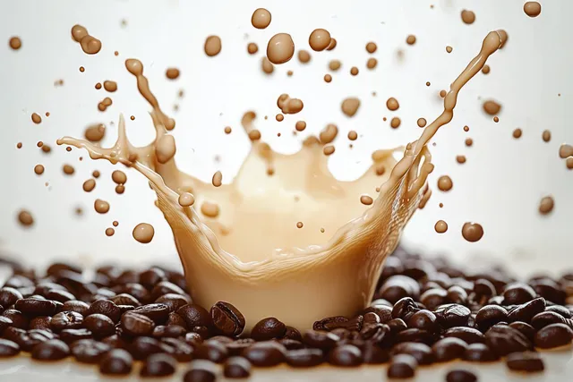 Creamy milk latte splash rises between scattered coffee beans on a white background.