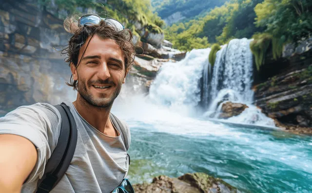 A smiling tourist in summer attire takes a selfie by the Mavera waterfall, surrounded by lush greenery in Italy.