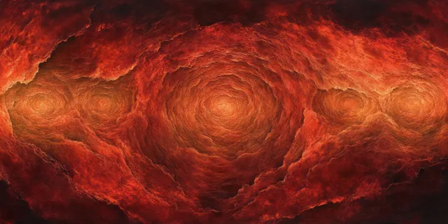 Fiery volcanic abstract landscape with dark chiaroscuro shading and concentric crater swirls.