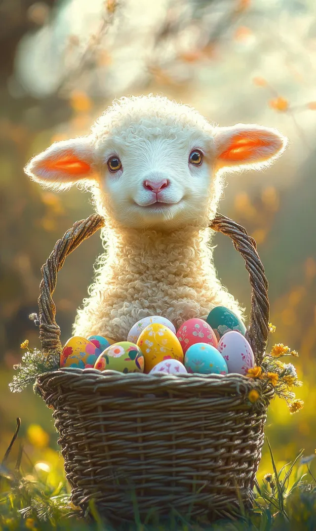 A fluffy lamb sits in a woven basket of decorated Easter eggs in warm spring sunlight with wildflowers nearby.