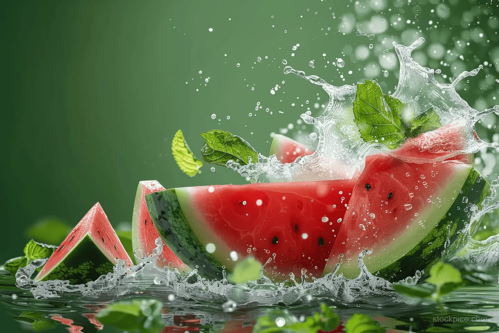 Red watermelon slices and mint leaves burst upward in a water splash against a green background.