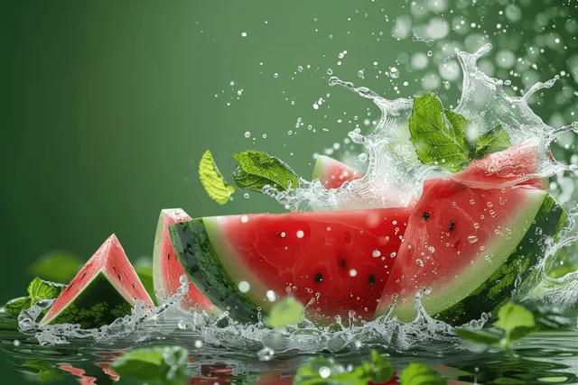 Red watermelon slices and mint leaves burst upward in a water splash against a green background.