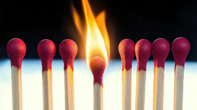 Nine matches in a line, one burning with orange flame against dark and pale background