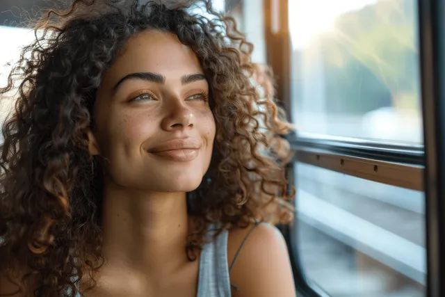 Young woman with curly hair smiles gently while looking out a bus window