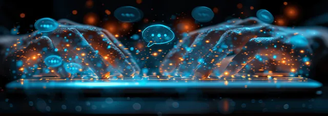 Businesswoman typing on laptop with glowing blue chat bubbles on social networking screen