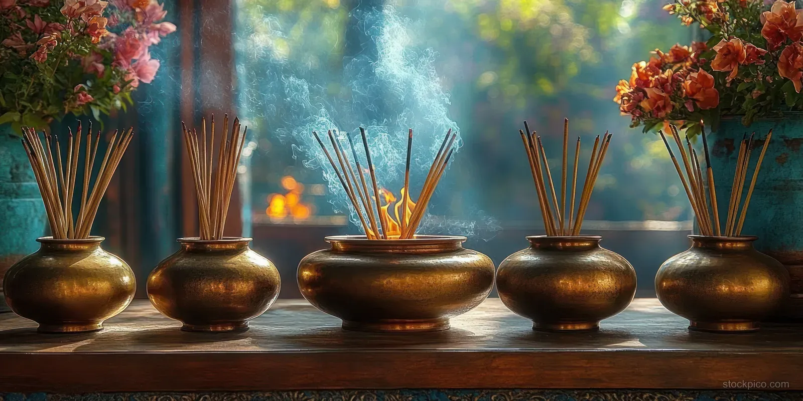 Five bronze incense burners on a wooden table with burning sticks releasing smoke amid flower vases.