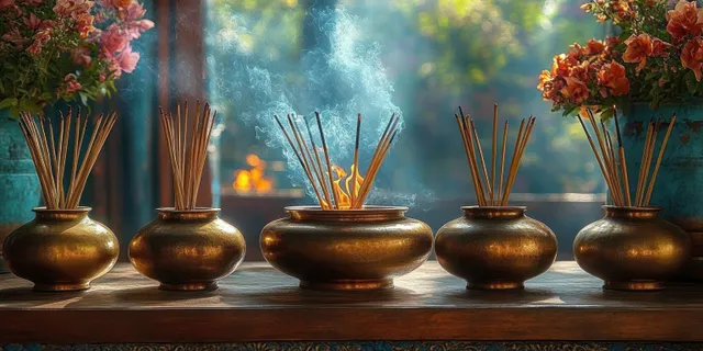 Five bronze incense burners on a wooden table with burning sticks releasing smoke amid flower vases.