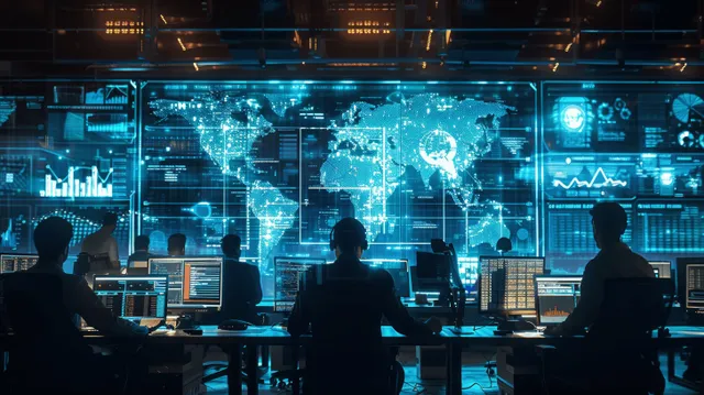 Cybersecurity analysts monitor glowing threat dashboards and world maps from computer workstations in a high-tech control room.