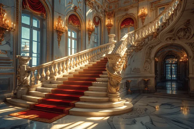 Ornate medieval palace interior with a grand staircase and red carpet runner beneath tall arched windows.