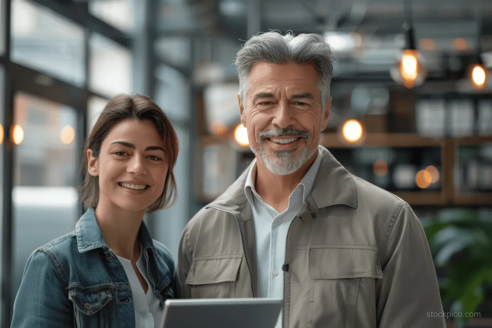 An Asian woman and a smiling Caucasian man review a tablet together in a modern office with warm lights.