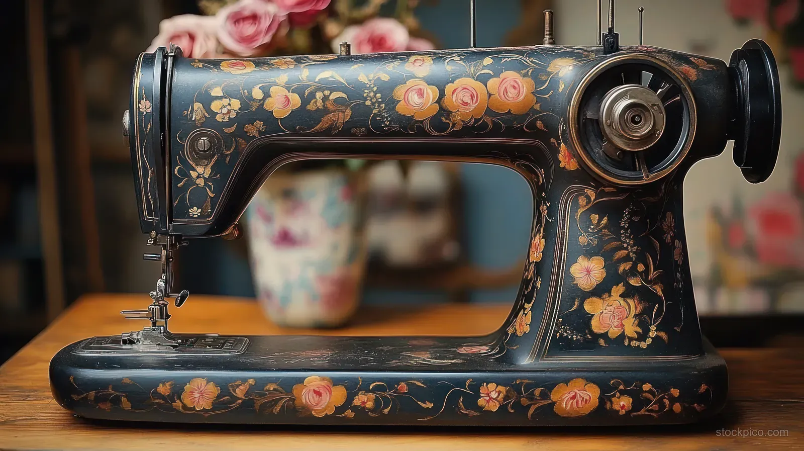 Antique black sewing machine with floral decals and pink rose details on a wooden table.